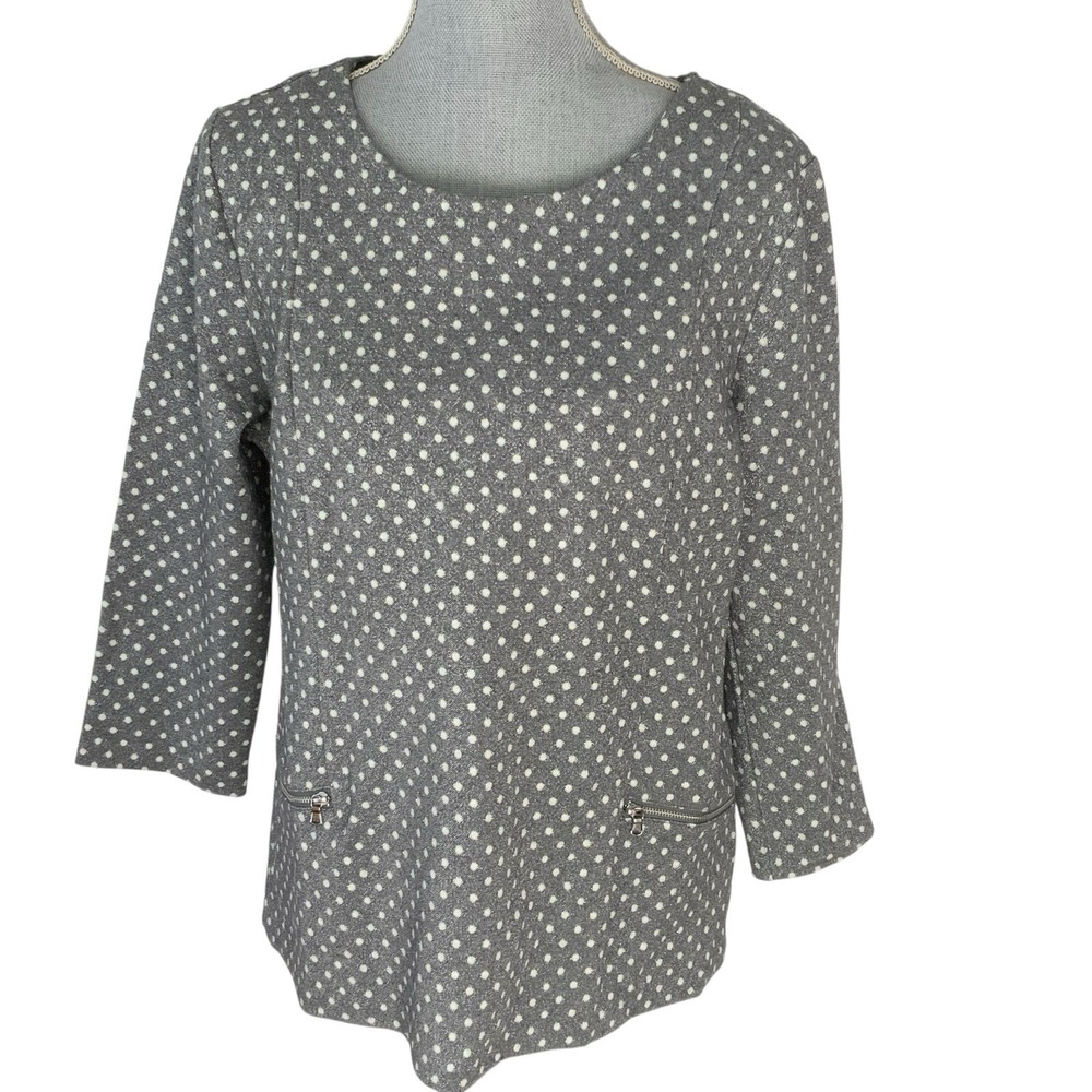 Talbots Womens Large Polka Dot Top Faux Zip Pocket Grey Metallic Sparkle